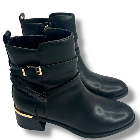 Calvin Klein Black Booties Size 6 Jasen Faux Leather Strappy Ankle Boots EUC - Picture 1 of 15